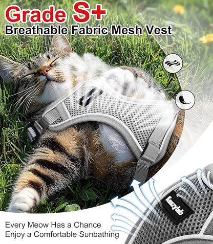 Cat Harness and Leash for Walking Escape Proof Soft Adjustable Cat Leash Breathable Comfortable Vest Easy to Wear Kitten Harness for Outdoor Travel (Grey, S (7-12lb))