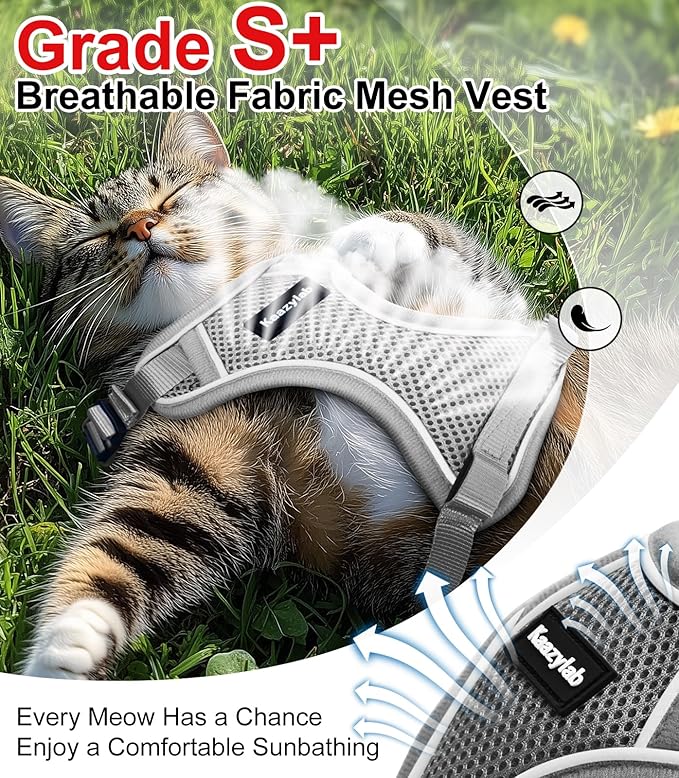 Cat Harness and Leash for Walking Escape Proof Soft Adjustable Cat Leash Breathable Comfortable Vest Easy to Wear Kitten Harness for Outdoor Travel (Grey, M (13-18lb))