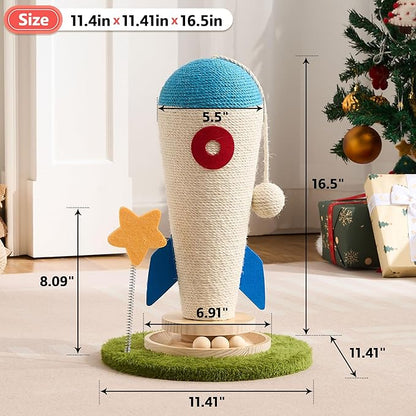 Cat Scratching Post, Rocket Cute Sisal Cat Scratcher with Durable Solid Wood Turntable Toy, Cat Scratch Post Red Cat Scratcher with Spinning Star Toy for Indoor Adult Cats