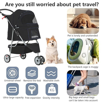 FDW Pet Stroller 3-Wheel Durable Foldable Cat Dog Stroller with Washable Liner Storage Basket Cup Holder,Black