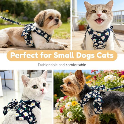 BAEJMJK Dog Harness and Leash Set with Bow Knot No Pull Pet Daisy Floral Harness with D-Ring Soft Mesh Dog Harness Vest Set Escape Proof Princess Puppy Harness for Small Girl Dogs Cats（Navy Blue L）