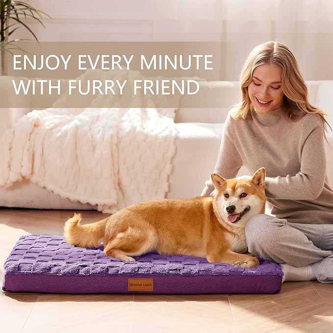 Patas Lague Orthopedic XL Dog Bed Large Sized Dog 42''X28'', Waterproof Soft Comfortable Egg Crate Foam Large Pet Beds Crate Mat with Removable Washable Cover and Nonskid Bottom, Pueple