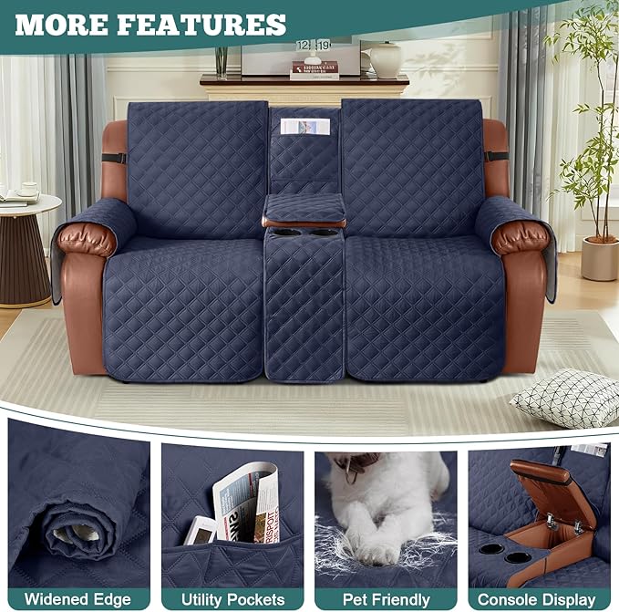 Ruaozz Waterproof Loveseat Recliner Cover with Console Non-Slip Reclining Couch Covers Split Sofa Slipcovers with Elastic Straps Furniture Protector for Kids, Dogs, Pets (Dark Blue, 2 Seater)
