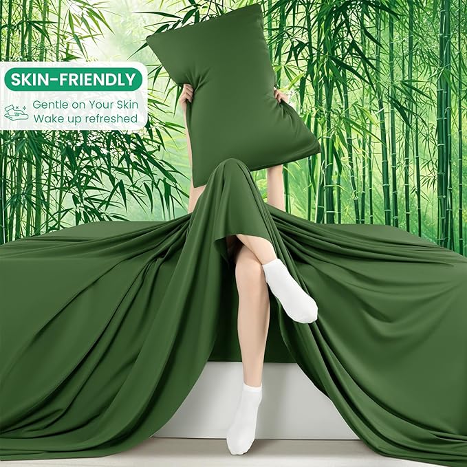 SONORO KATE 100% Viscose Derived from Bamboo_Sheets Queen Size, Ultra Breathable & Cooling Bed Sheets for Hot Sleepers, Hotel Luxury Silky Bedding Sheets, 16" Deep Pocket - 4PC (Olive,Queen)