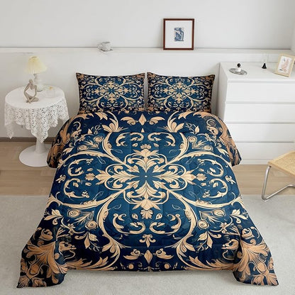 Erosebridal Paisley Comforter Set Twin Flower Bedding Set, Navy Blue Beige Bedding Comforter Sets Golden Floral Duvet, Bohemian Hippie Quilted Comforter Teen Adults Bedroom Décor, Lightweight 2pcs