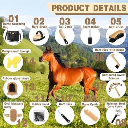 Abbylike 15 Pieces Horse Grooming Kit with Organizer Tote Bag Tack Room Supplies Horse Brush Sets Care Equine Cleaning Kit Shedding Grooming Massaging Tools(Black)