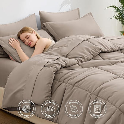 Love's cabin Full Comforter Set Light Brown, 7 Pieces Full Bed in a Bag, All Season Bedding Sets with 1 Comforter, 1 Flat Sheet, 1 Fitted Sheet, 2 Pillowcase and 2 Pillow Sham