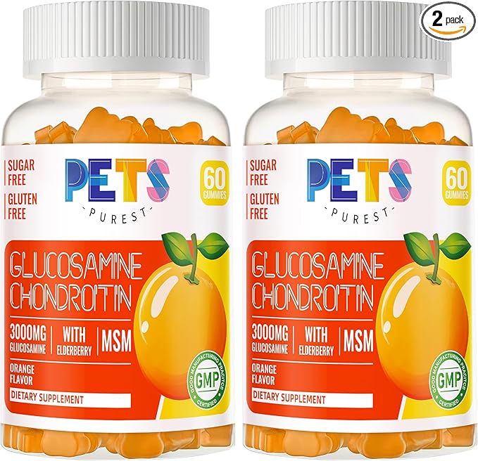 Pets Purest Glucosamine Chondroitin Gummies with MSM & Elderberry Extra Strength - Joint Support, Antioxidant Immune Support Supplement for Adults, Men & Women.(2 Pack) Orange