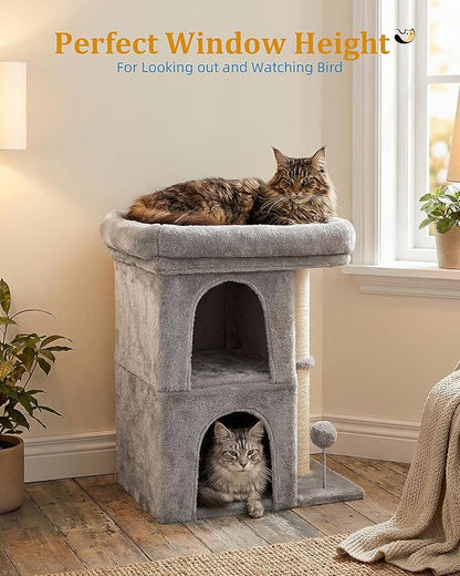 Aechonow 24in Cat Tree Tower with Scratching Post, 19 * 16.5in Window Perch Bed for Large Adult Cats, 2 Small Condo Cubbies for Indoor Kittens, Light Gray