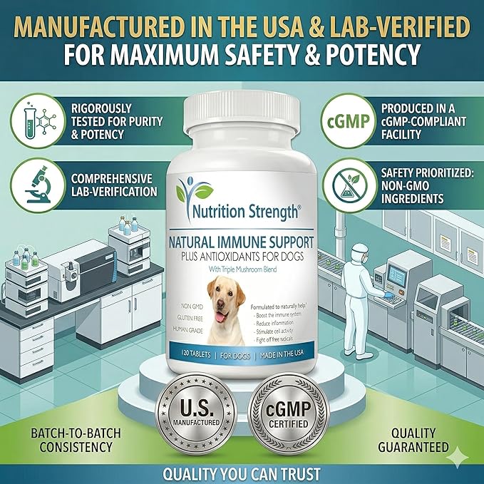 Immune Support for Dogs - Turkey Tail, Reishi, Shiitake & Maitake Mushroom Complex - Senior Dog Health, Antioxidants, CoQ10, Selenium, Vitamin A - 120 Chewable Tablets