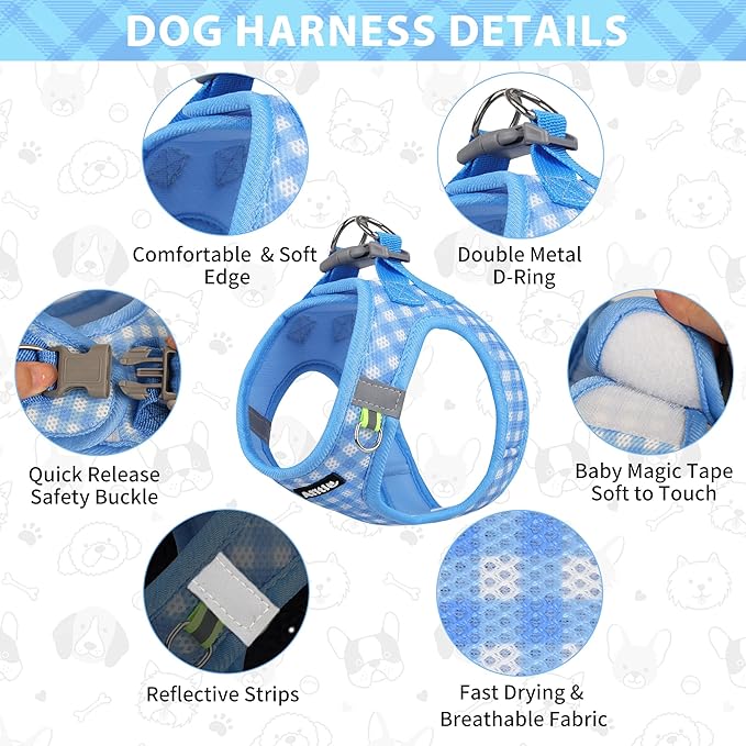 AIITLE No Pull Dog Harness and Leash Set, Step in No Chock Soft Mesh Dog Harnesses Reflective for Extra-Small Puppy Dogs and Cats, Plaid Dog Vest Harness for Pets Blue XXS