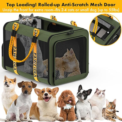 PAWZIDEA Large Pet Carrier Expandable, 24"×16"×16" Soft-Sided Cat Carrier for 2–4 Cats up 55lb, Portable & Collapsible Small Medium Dog Travel Crate for Car, XL Storage Pocket, ID Card, Shoulder Strap