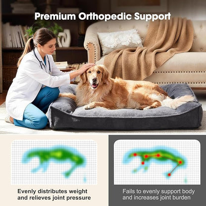 FURTIME XXL Orthopedic Dog Beds Large Sized Dog, Extra Thick Supportive Comfort Pet Sofa, Ergonomic Slant Dog Couch Bed with Removable Washable Cover, Ultra Soft Surface & Non-Slip Bottom, Grey, 48"