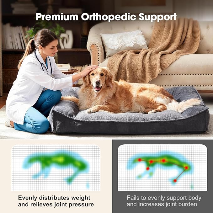 FURTIME Orthopedic Dog Beds Large Sized Dog, Extra Thick Supportive Comfort Pet Sofa, Ergonomic Slant Dog Couch Bed with Removable Washable Cover, Ultra Soft Surface & Non-Slip Bottom, Grey, 38"
