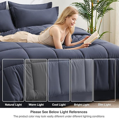 Love's cabin California King Comforter Set Indigo Blue, 7 Pieces California King Bed in a Bag, All Season Bedding Sets with 1 Comforter, 1 Flat Sheet, 1 Fitted Sheet, 2 Pillowcase and 2 Pillow Sham