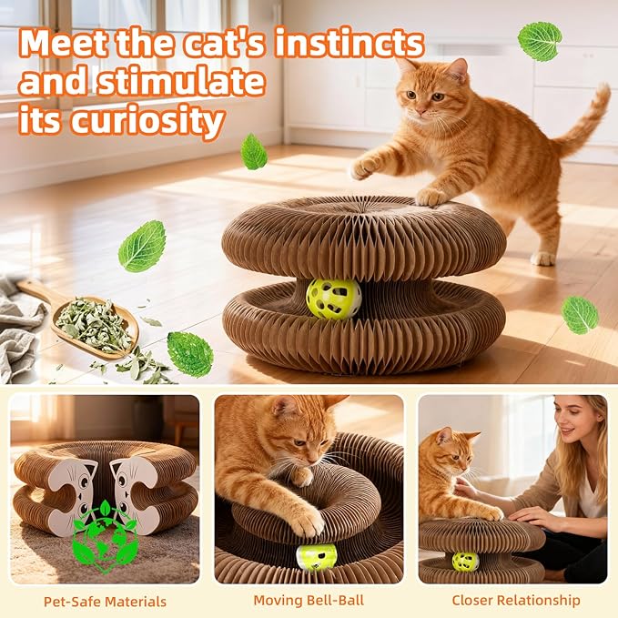 Twisty Paws Cat Toy - Magic Organ Kitty Curl Scratcher with Bell-Ball, Magnetic & Foldable Cardboard Shape Shifting, Interactive Accordion Kurlz Board for Indoor Cats