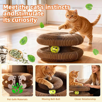 Twisty Paws Cat Toy - Magic Organ Kitty Curl Scratcher with Bell-Ball, Magnetic & Foldable Cardboard Shape Shifting, Interactive Accordion Kurlz Board for Indoor Cats