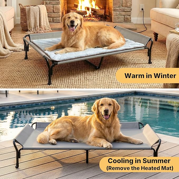 Veehoo Elevated Dog Bed with Plush Heated Mat, Raised Dog Bed with Waterproof Heating Pads for Cats & Dogs Outdoor Indoor, Heated Dog Sofa Bed with Power Line Protection Tube, 50.4" x 33.5", Grey