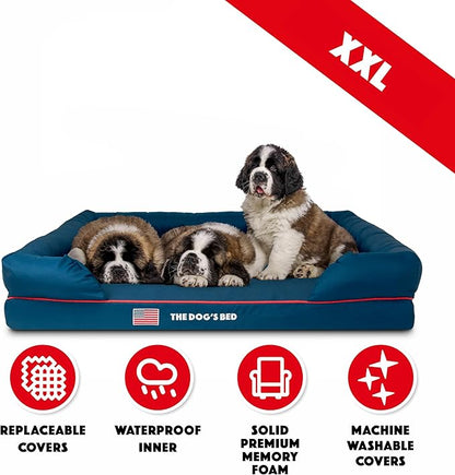 The Dog’s Bed Orthopedic Memory Foam Dog Bed with Bolsters for XXL Dogs, High Density Support Mattress, Low Front Entry, Removable Washable Cover, Oxford Fabric, Blue with Dark Red Trim, XXL
