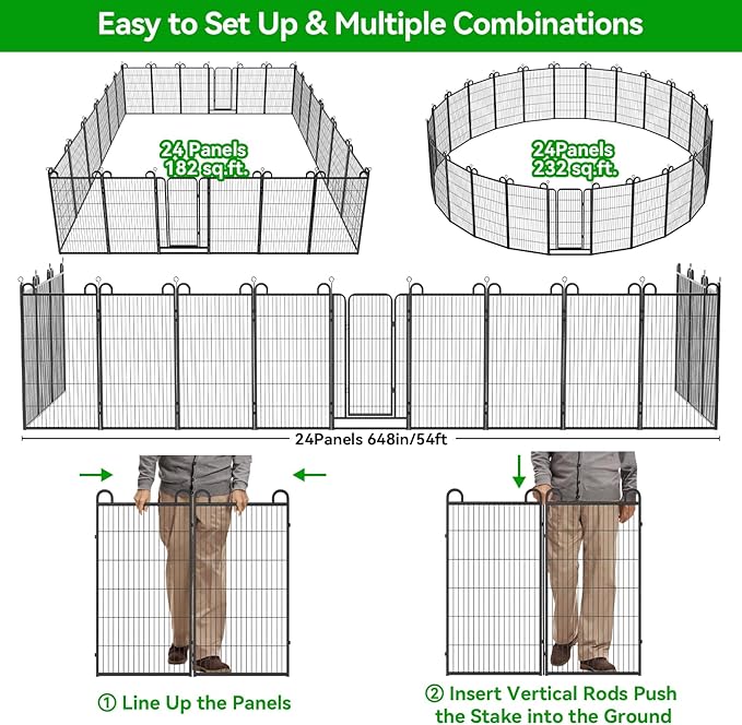 Kfvigoho Dog Playpen Outdoor 24 Piece Panels Heavy Duty Dog Fence 47" Height Anti-Rust with Doors Portable for RV Camping Yard, Total 54FT, 227 Sq.ft, Snowy Black