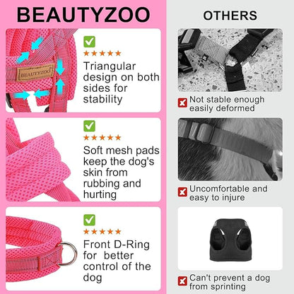 BEAUTYZOO No Pull Dog Harness Medium Sized Dog, Breathable Mesh Padded Dog Harness and Leash Set, Adjustable Reflective Escape Proof Dog Vest Harnessss Quick Fit for Training Walking, Hot Pink M