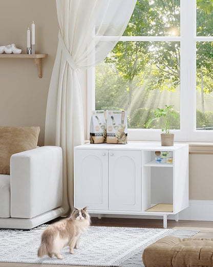 Hzuaneri Cat Litter Box Enclosure Enclosed, Hidden Litter Box Cabinet Furniture with Storage, Wooden Indoor Cat House Large, Modern End Table for Living Room Entryway, White CB01513W