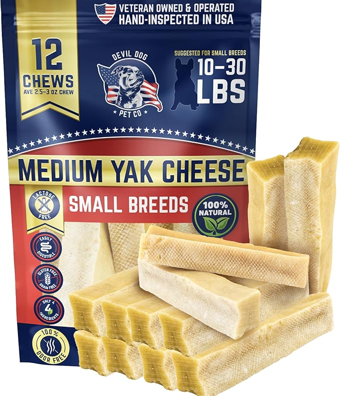 Devil Dog Pet Co. Yak Cheese Dog Chews Medium 12 Pack for Aggressive Chewers - Odor-Free Long Lasting Himalayan Treats, Small Breeds 10-30 lbs, 4-Ingredient Dental Enrichment & Anxiety Relief