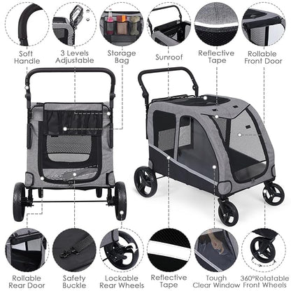 Saudism Dog Stroller for Large & Medium Dogs, Extra Large Pet Stroller, Dog Wagon for 2 Dogs, Foldable Design, Adjustable Handle, with Pocket, Up to 130 lbs