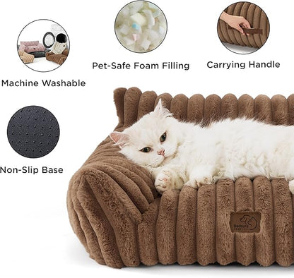 Bedsure ComfyFleece™ Cute Cat Couch for Pets - As Seen on TV on Good Day New York, Fuzzy Cats beds for Indoor Cats with Removable Washable Cover, Supportive Pet Sofa, 24inch, Camel Brown