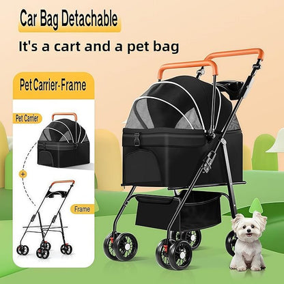 Pet Stroller for Medium Small Dogs/Cats - 4 Wheels Foldable Dog Stroller with Storage Basket,Dog/Cat Carrier,Adjustable Handle,Folding Puppy Carrier Suitable for Traveling with Cats and Dogs (Black)