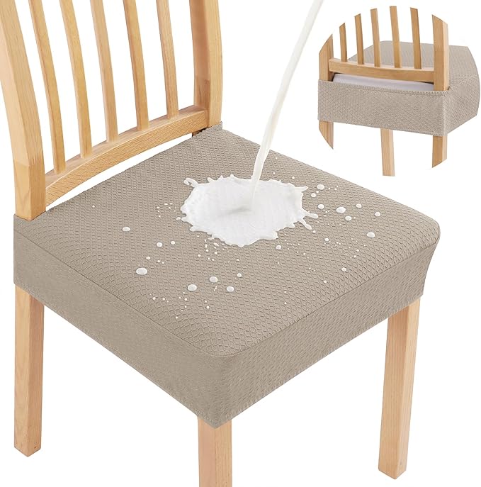 Smiry Waterproof Seat Covers for Dining Room Chairs Set of 10, Stretch Jacquard Removable Washable Chair Seat Slipcovers Protector, No Rear Covers, Taupe