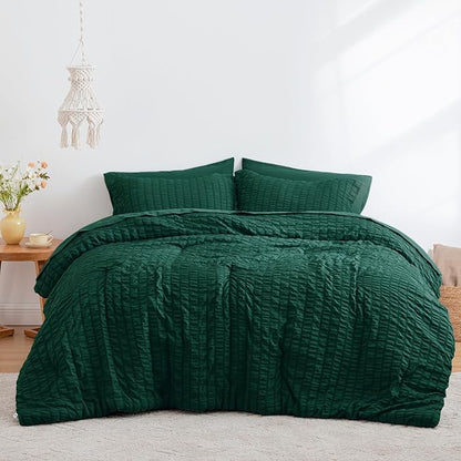Love's cabin Seersucker Dark Green California King Comforter Set, 7-Piece All Season Lightweight Bed in a Bag Bedding Set with Comforter, Flat Sheet, Fitted Sheet, Pillowcases and Shams | Soft, Breathable, Lightweight