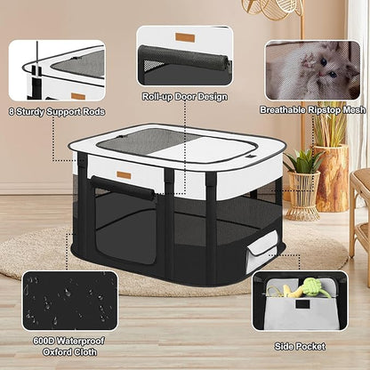 Dog Playpen - Foldable Cat Play Pens for Pubby, Kitten, Rabbit, Portable Pet Tent with Carring Bag for Indoor/Outdoor Travel Camping (Black-Medium)