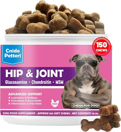 Glucosamine for Dogs Hip and Joint Support Supplement Chews, Chondroitin Joint Care for Dogs, Pain and Inflammation Relief with MSM, Turmeric, Vitamin C, Omega 3 -Chicken Flavor,for All Breeds-150 Ct