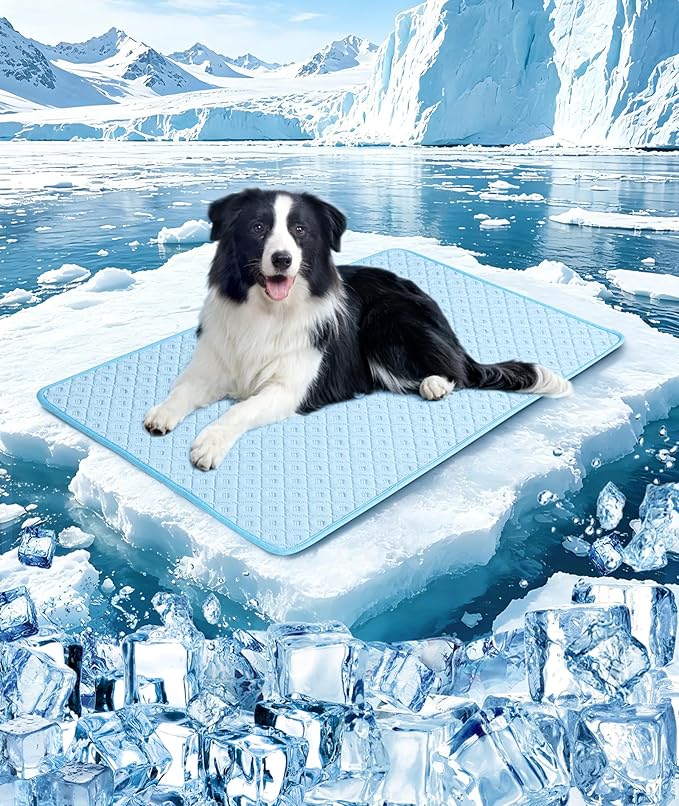 Upgraded Dog Cooling Mat for Medium Dogs Cats,Q-Max>0.45 Chill Cool Fiber Rapid Cooling,Breathable Non-Slip Crate Pad,Portable Washable Kennel Bed for Summer Indoor Outdoor,29.5×18.8in,Light Blue