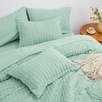 Love's cabin Seersucker Light Green King Size Comforter Set, 7-Piece All Season Lightweight Bed in a Bag Bedding Set with Comforter, Flat Sheet, Fitted Sheet, Pillowcases and Shams | Soft, Breathable, Lightweight