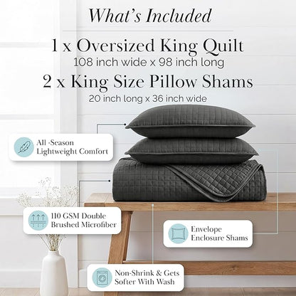 Southshore Fine Living, Inc. Oversized Quilt King Size Set, Grey Bed Spread King Size with 2 Matching Pillow Shams, Microfiber Quilted Comforter Bed Coverlet, Bedspread Set, Slate Grey Quilt