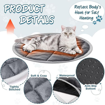 Drydiet 2 Pcs Self Warming Cat Mat Round Self Heating Pad Bed Reversible Machine Washable Heated Bed Anti Slip Warming Pad Pet Mat for Cat Crate Indoor Outdoor(Gray,19 Inch)