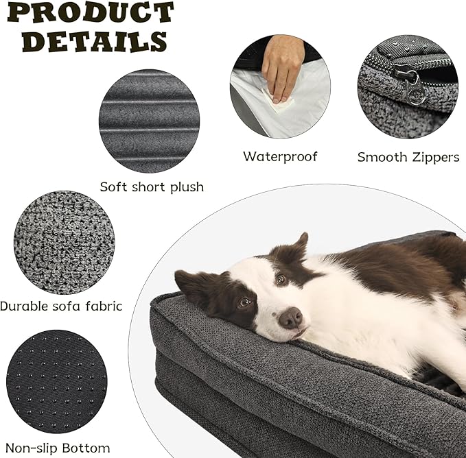 WINDRACING Orthopedic Dog Beds for Large, Medium Dogs, Waterproof Egg Foam Dog Sofa Bed with L Bolster Sides, Washable Large Pet Bed with Removable Cover & Non-Slip Bottom, 36 x 27 inch, Gray