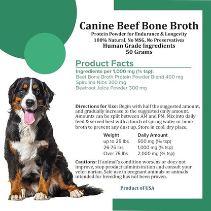 Holistic Bin Canine Beef Bone Broth Protein Powder Dog Food Toppers | Daily Supplement Powder with Bone Broth, Spirulina Nib & Beetroot | Glossy Coat, Joints & Overall Wellness | Beef Blend (50g)
