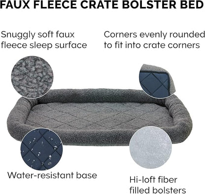 Furhaven Dog Bed for Large/Medium Dogs, 100% Washable, Sized to Fit Crates - Sherpa Fleece Bolster Crate Pad - Gray, Large