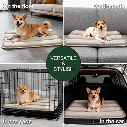 Dog Bed Mat, Reversible Dog Crate Pad with Washable Kennel Mat and Soft Foam, Flat Pet Bed for Dogs & Cats, for Crates Carriers & Travel (Light Brown, 28" L*16" W*1.5" Th)
