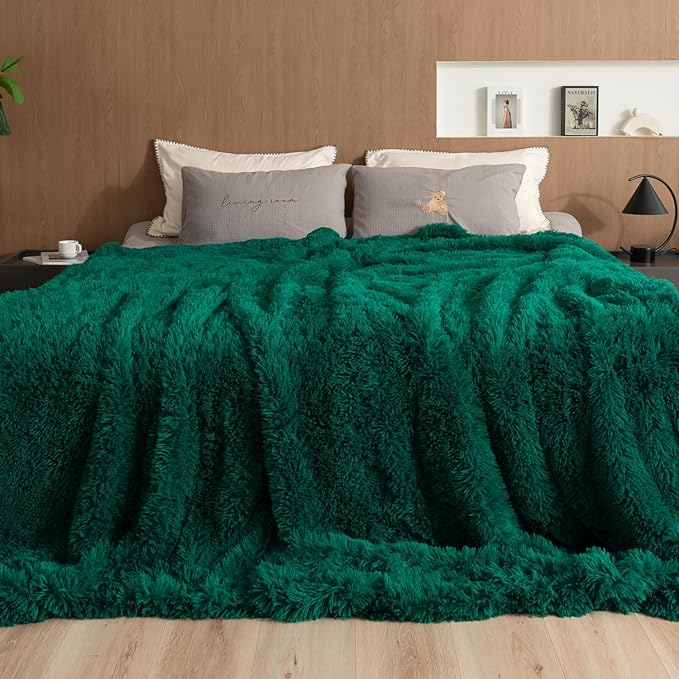 Pawque Faux Fur Blankets Queen Size 90x90 Inches, Soft Fuzzy Fluffy Blanket, Warm Thick Sherpa Long Hair Shag Reversible Lightweight Cozy Throw for Bedroom Sofa Couch, Green