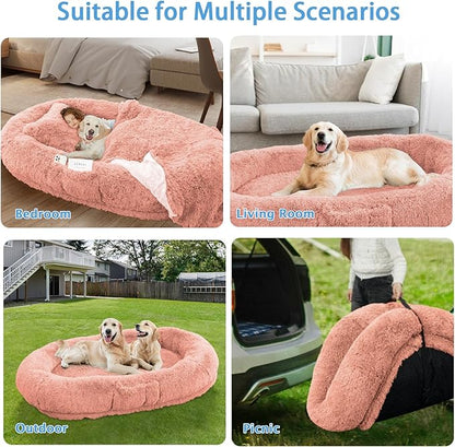Human Dog Bed, 71''x45''x12'' Size Fits People and Pet 10 CM Thick Memory Foam Washable Adult Large Bed Giant Oversize Foldable Dog Bed with Plump Pillow, Blanket, Strap - Pink