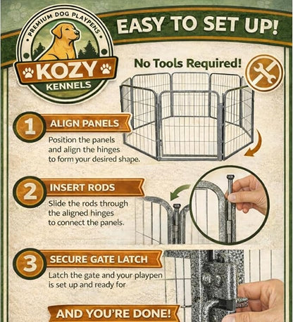 Dog Playpen w/Square Bottom Floor Cover - 24 inch, 8 Panel Portable Grey Metal Pet Play Pen for Small Dogs & Puppies - Indoor/Outdoor Kennel Cage for Home, Yard, RV, or Camping