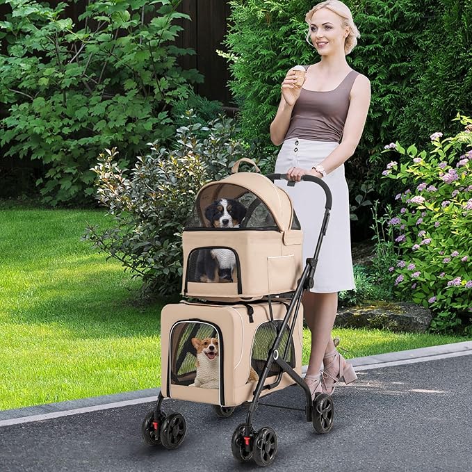 PETSITE Double Dog Stroller, Foldable 3-in-1 4 Wheels Cat Stroller with 2 Detachable Carriers, Safety Belt, Washable Cover, Removable Pads for Small Medium Dogs Cats (Beige)