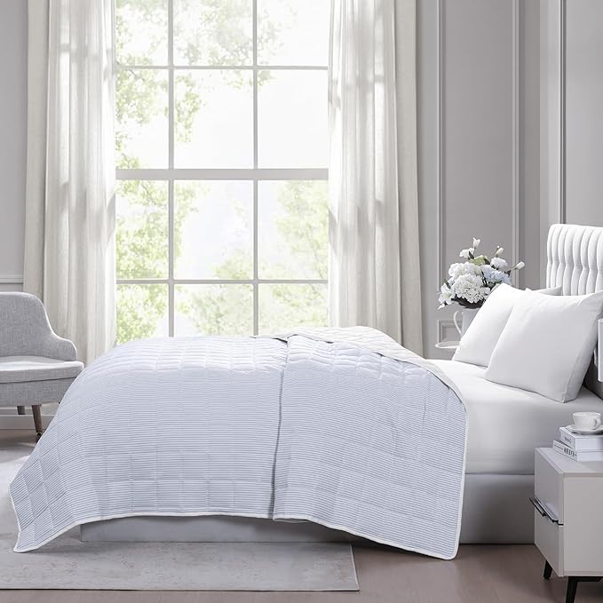 Casa Platino Pre-Washed Queen Size Bed Blanket - Ultra Soft Lightweight All Season Reversible Down Alternative - Ticking Stripe Blue, White