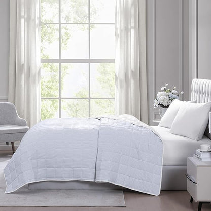 Casa Platino Pre-Washed Twin Size Bed Blanket - Lightweight, All Season, Premium Reversible Down Alternative - Ticking Stripe Blue, White