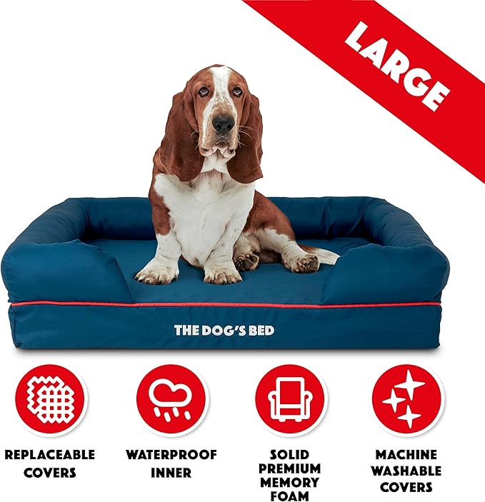 The Dog’s Bed Orthopedic Memory Foam Dog Bed with Bolsters for Large Dogs, High Density Support Mattress, Low Front Entry, Removable Washable Cover, Oxford Fabric, Blue with Dark Red Trim, Large