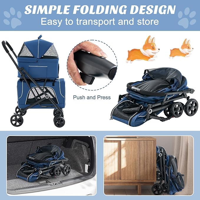 PETSITE Double Dog Stroller, Foldable 3-in-1 4 Wheels Cat Pet Stroller with 2 Detachable Carriers, Safety Belt, Washable Cover, Removable Pads, Ideal for Small Medium Dogs Cats (Blue)